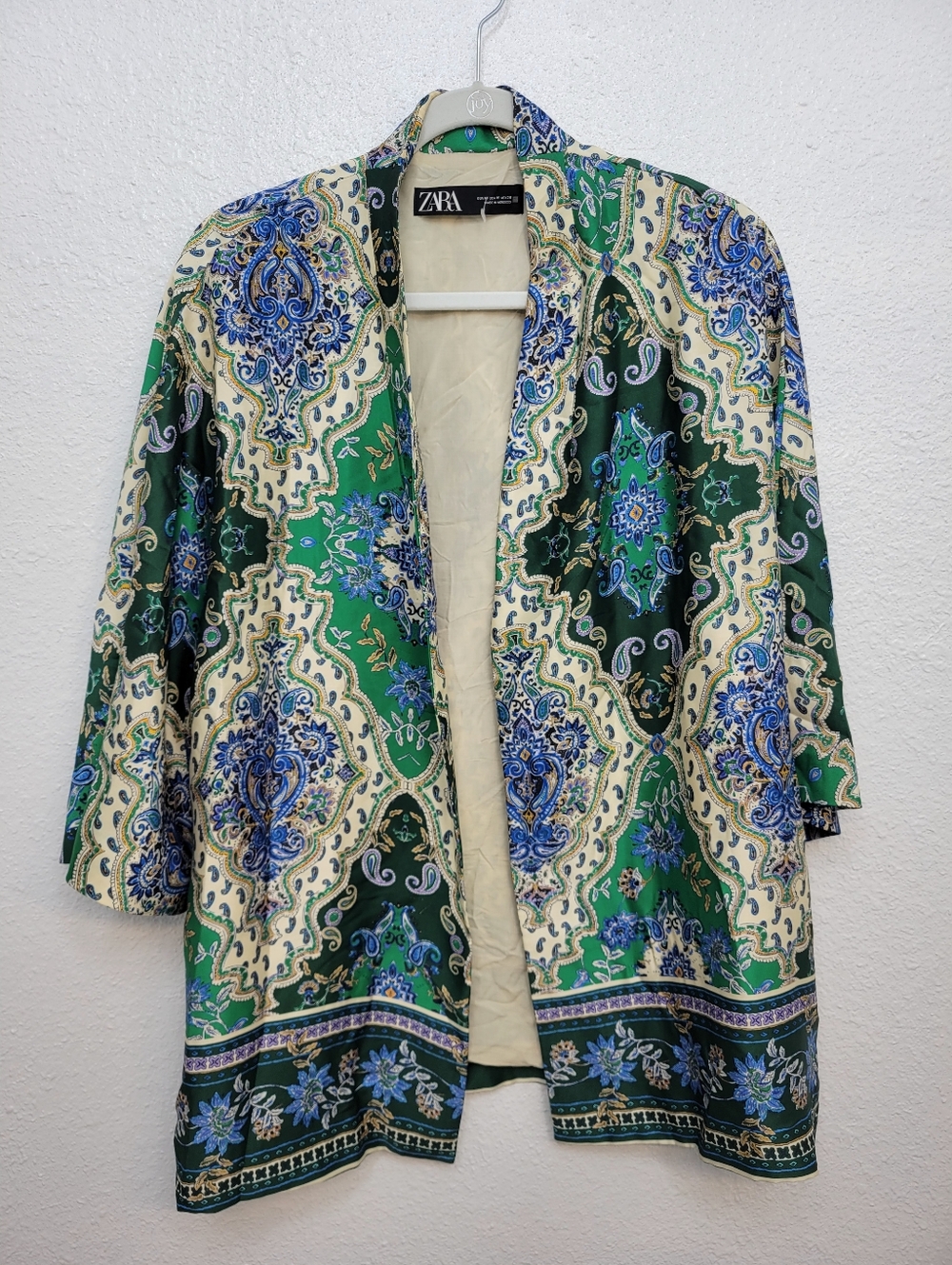 Zara Kimono Wrap Jacket Size M Floral Tapestry Print Blue Green